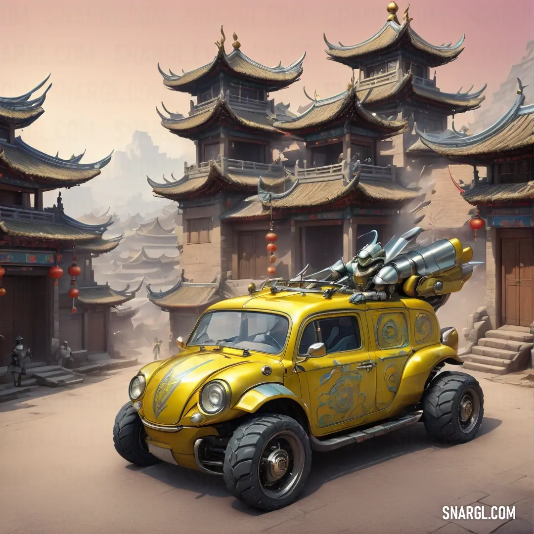 Yellow car with a rocket on top of it parked in front of a building with pagodas in the background. Color #FED74C.