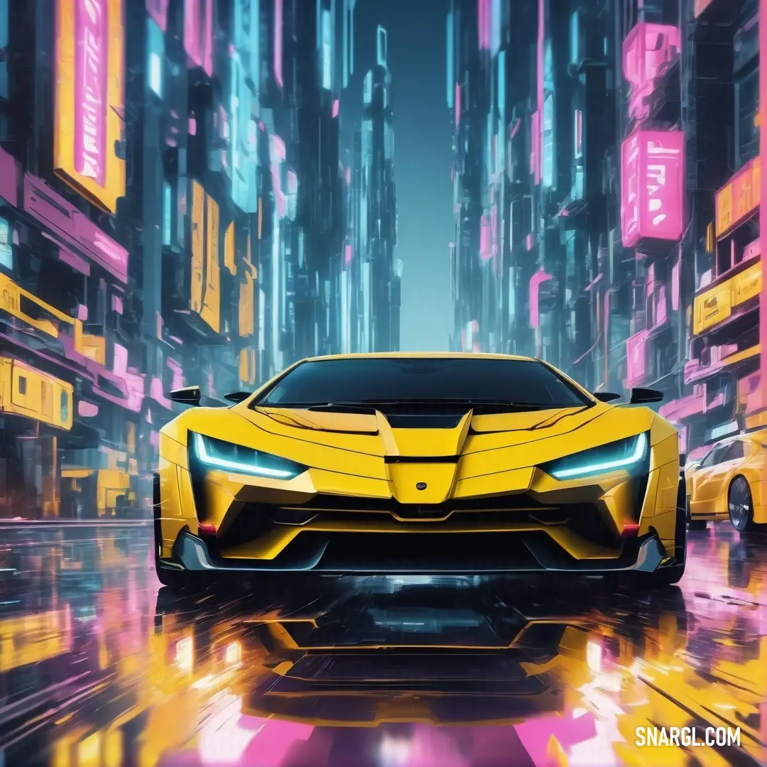 Yellow sports car driving through a city at night with neon lights on the buildings. Example of RGB 254,215,76 color.