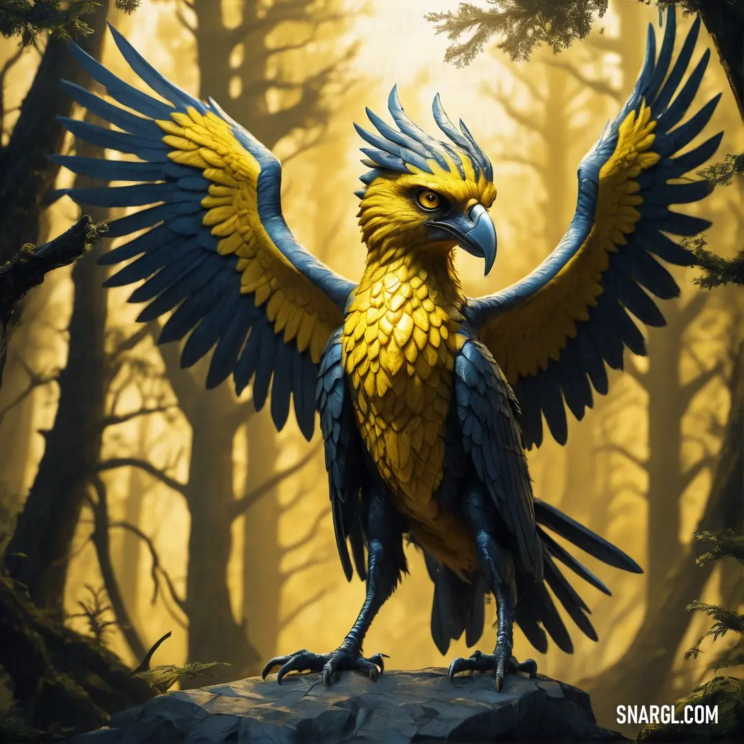 Bird with blue and yellow feathers standing on a rock in a forest with trees and rocks in the background. Example of CMYK 0,20,78,0 color.