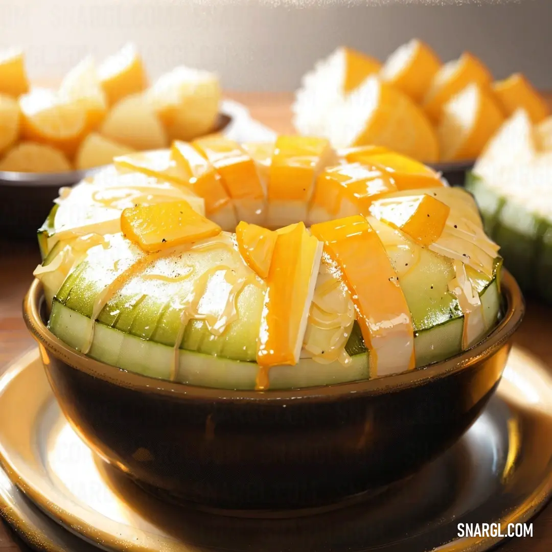 Cake with cheese and cucumber slices on a plate on a table with other food items in the background. Example of CMYK 0,39,80,0 color.