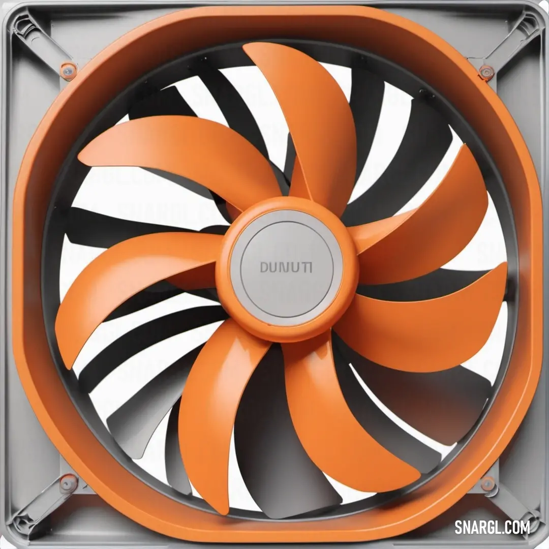 An eye-catching computer fan with a vivid orange blade rests against a bright white background, symbolizing innovation and functionality, showcasing a fusion of design and technology in modern aesthetics.