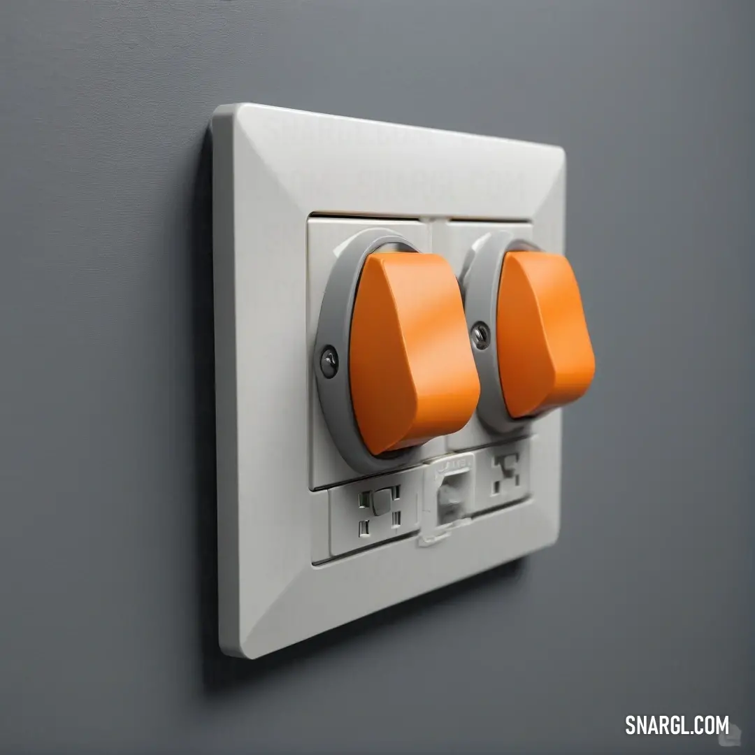 An intriguing close-up of a light switch featuring two vibrant orange knobs, set against a neutral gray wall. The playful color contrast draws the eye, making it an unexpected focal point of both design and function in a modern setting.