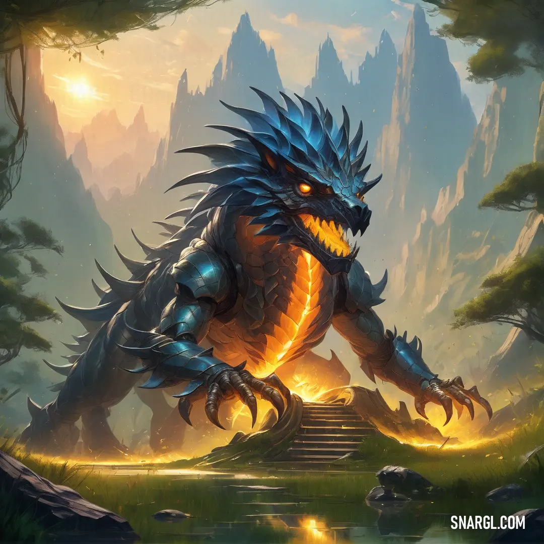 A majestic dragon with a glowing face is positioned in front of a serene body of water, framed by a dramatic mountain range and a pyramid, conjuring themes of mysticism and adventure.