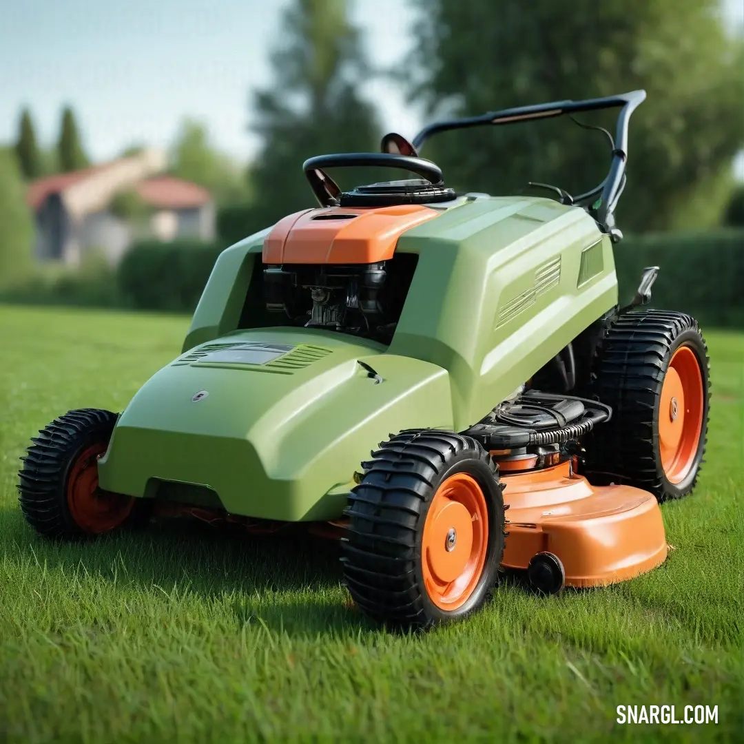 A vibrant image illustrating a cheerful lawn mower positioned on a lush, verdant field of grass, framed by a picturesque house and lush trees, embodying the refreshing qualities of nature in the summer.