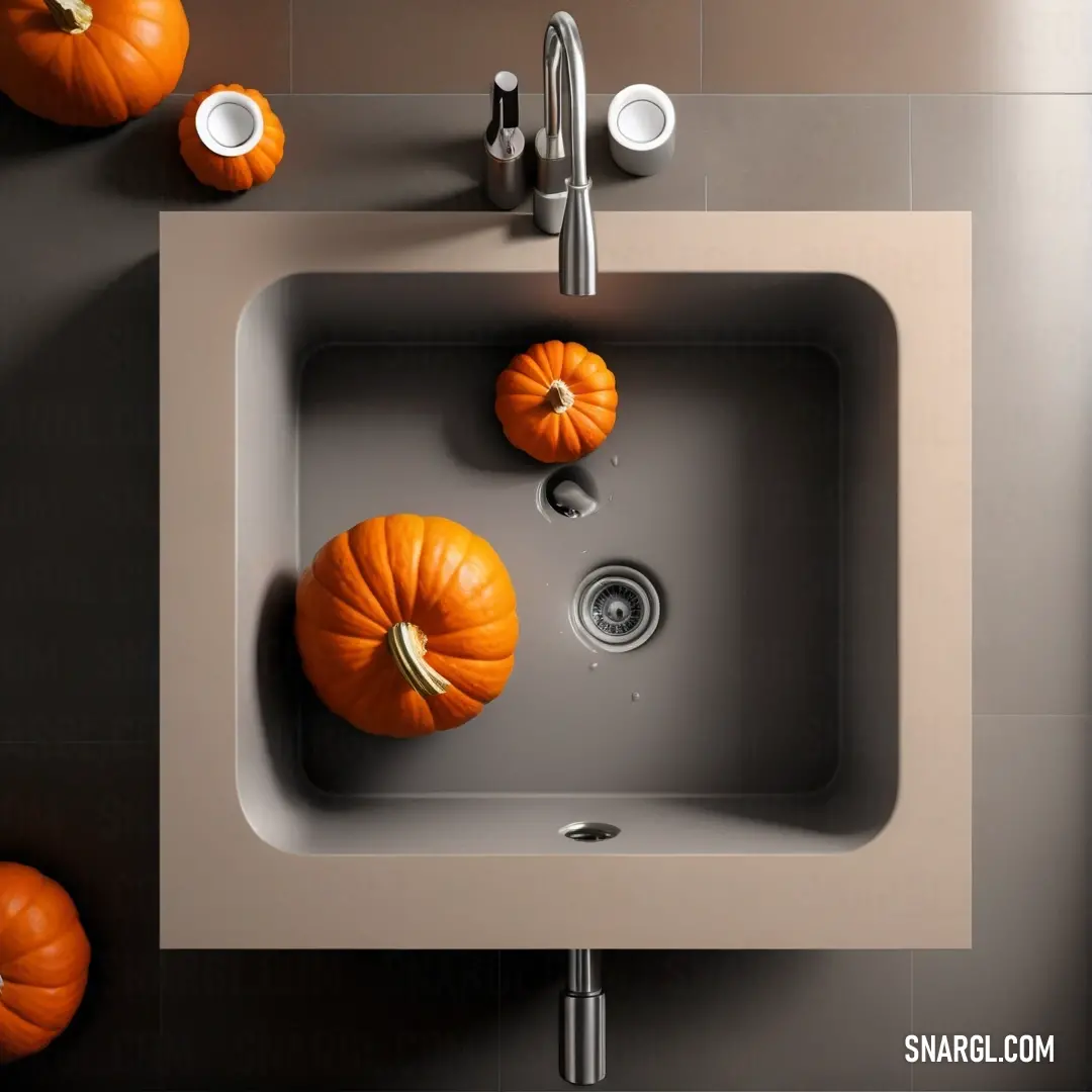 A charming sink is festively adorned with two vibrant pumpkins perched atop, creating a playful yet cozy scene that embodies the warmth and joy of seasonal celebrations, enhanced by autumnal colors.