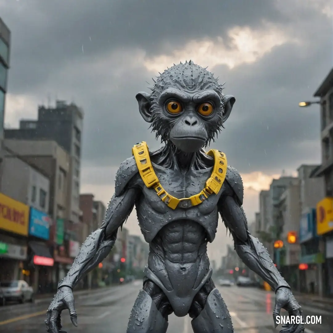 An intricate statue of a monkey adorned with a bright yellow collar, positioned on a busy city street, surrounded by elegant buildings that form a modern urban backdrop, embodying the vibrant CMYK 0,39,80,0 color.