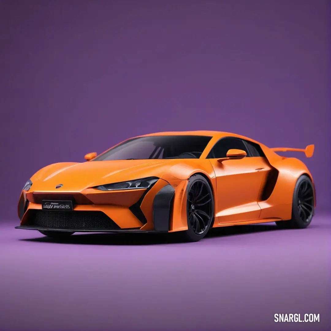 A striking orange sports car showcased against a vibrant purple backdrop, exuding a sense of speed and luxury. The car's sleek lines and dynamic angles emphasize its performance, capturing the essence of modern automotive design at its finest.