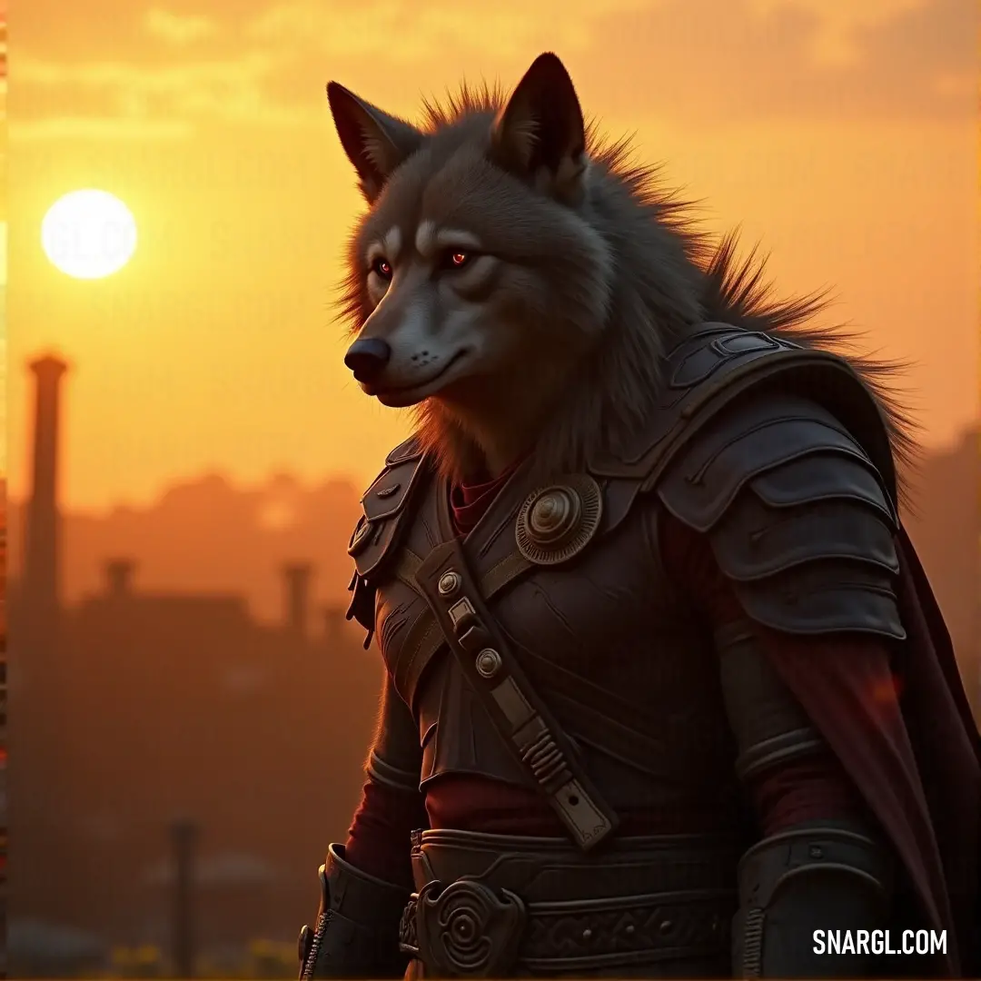 A fierce wolf clad in a sleek leather outfit stands defiantly against a vibrant sunset, with a sprawling cityscape in the background. The striking contrast between nature and civilization amplifies the scene's intensity.