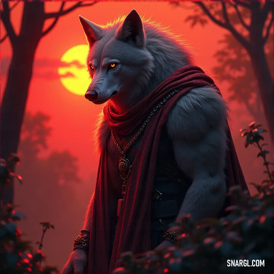 A majestic wolf dons a flowing red cape and scarf, standing proudly in a forest as the sun sets behind the trees. The warm light envelops the scene, adding a magical aura to this captivating moment.