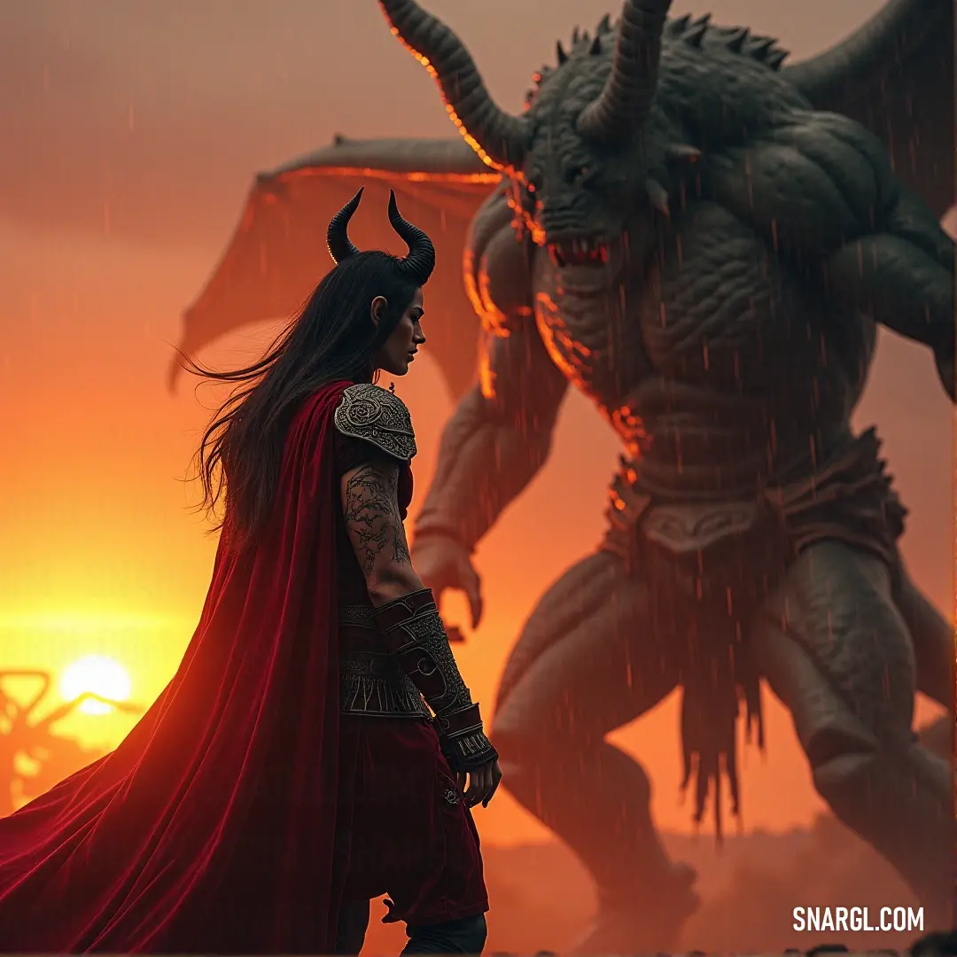 A courageous woman in a striking red cape stands side by side with a towering demon against a backdrop of a breathtaking sunset. The sun's warm hues create a dramatic contrast, highlighting their unusual companionship.