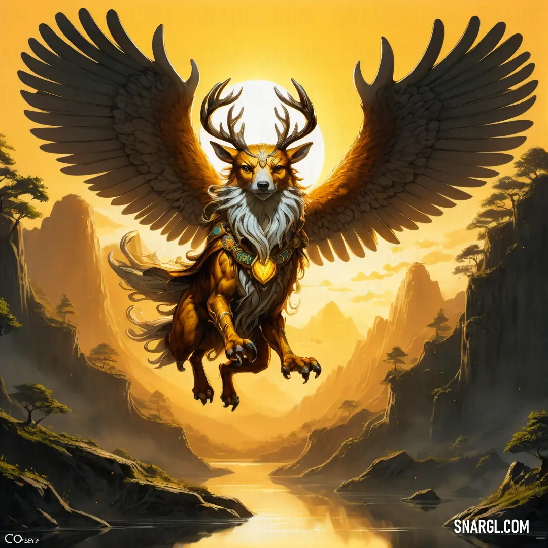Painting of a fox with wings flying over a river in a mountainous area. Color NCS S 1050-Y20R.