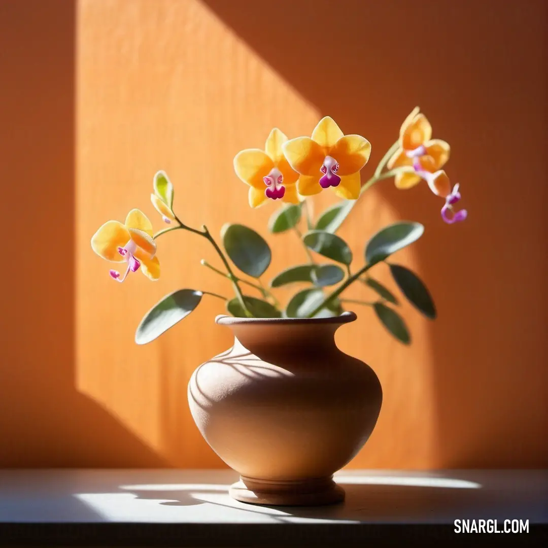 Vase with flowers in it on a table next to a wall and a window with a bright light coming through. Color NCS S 1050-Y20R.