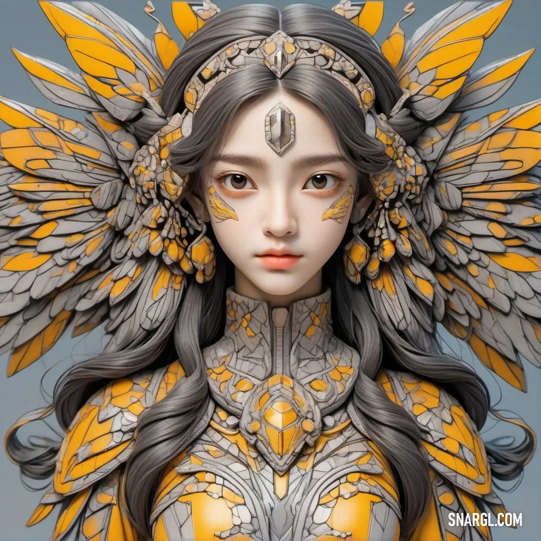 A whimsical image of a woman adorned with magnificent wings and vibrant yellow body paint, set against a serene blue background, symbolizes freedom and imaginative expression.