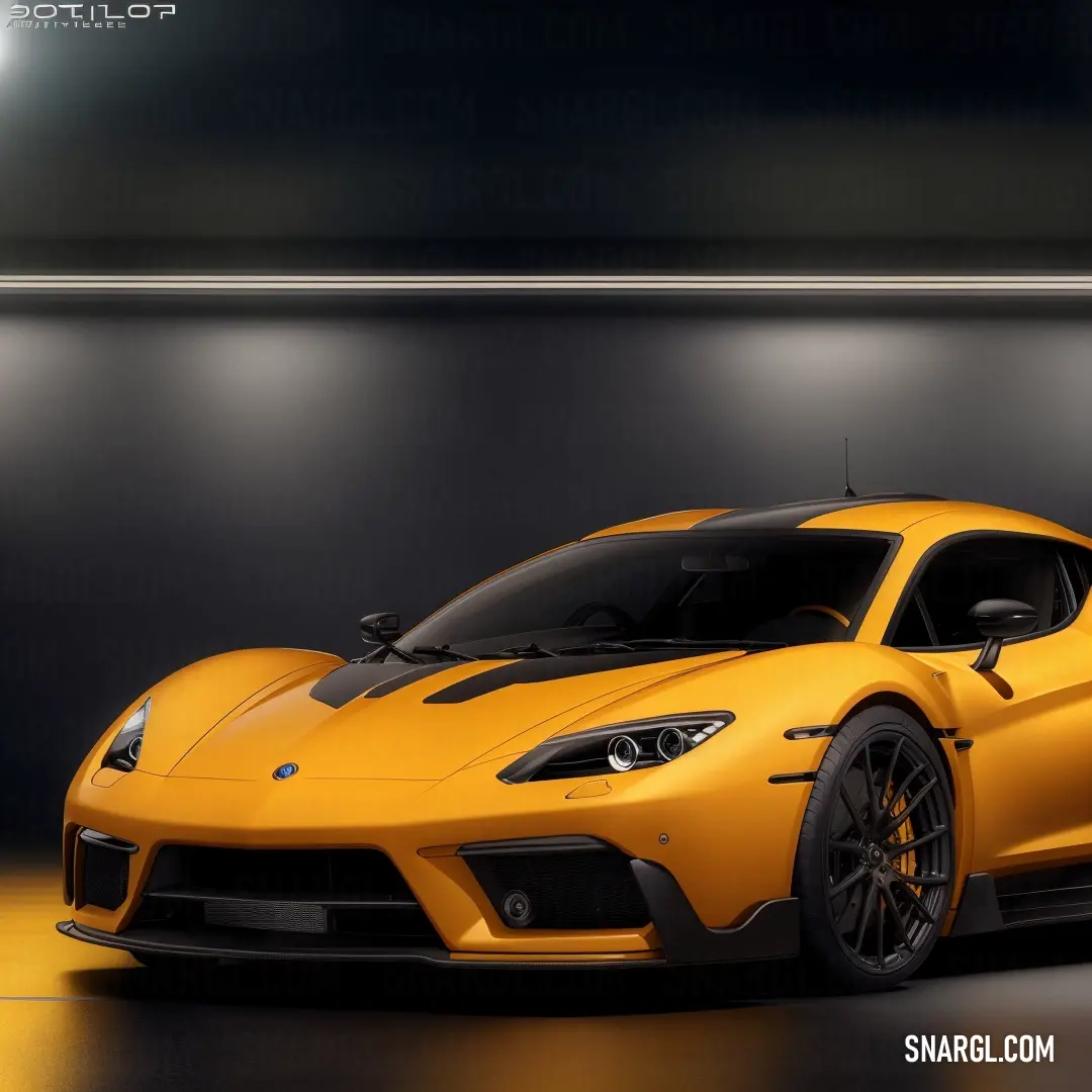 Yellow sports car is parked in a dark room with a spotlight on the wall behind it and a black floor. Example of CMYK 0,39,80,0 color.