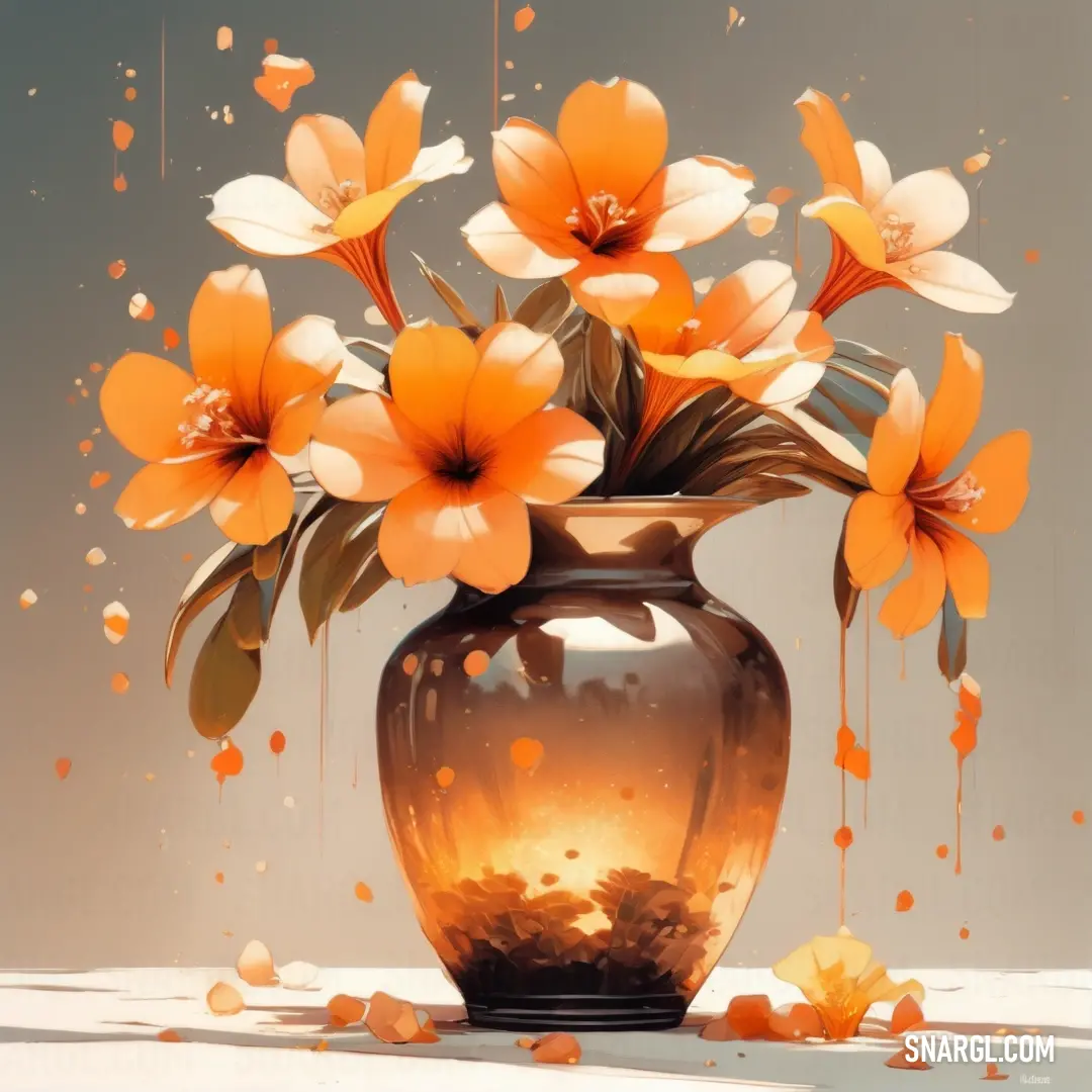 Vase filled with orange flowers on top of a table next to a wall and a window with a curtain. Example of #FDA951 color.