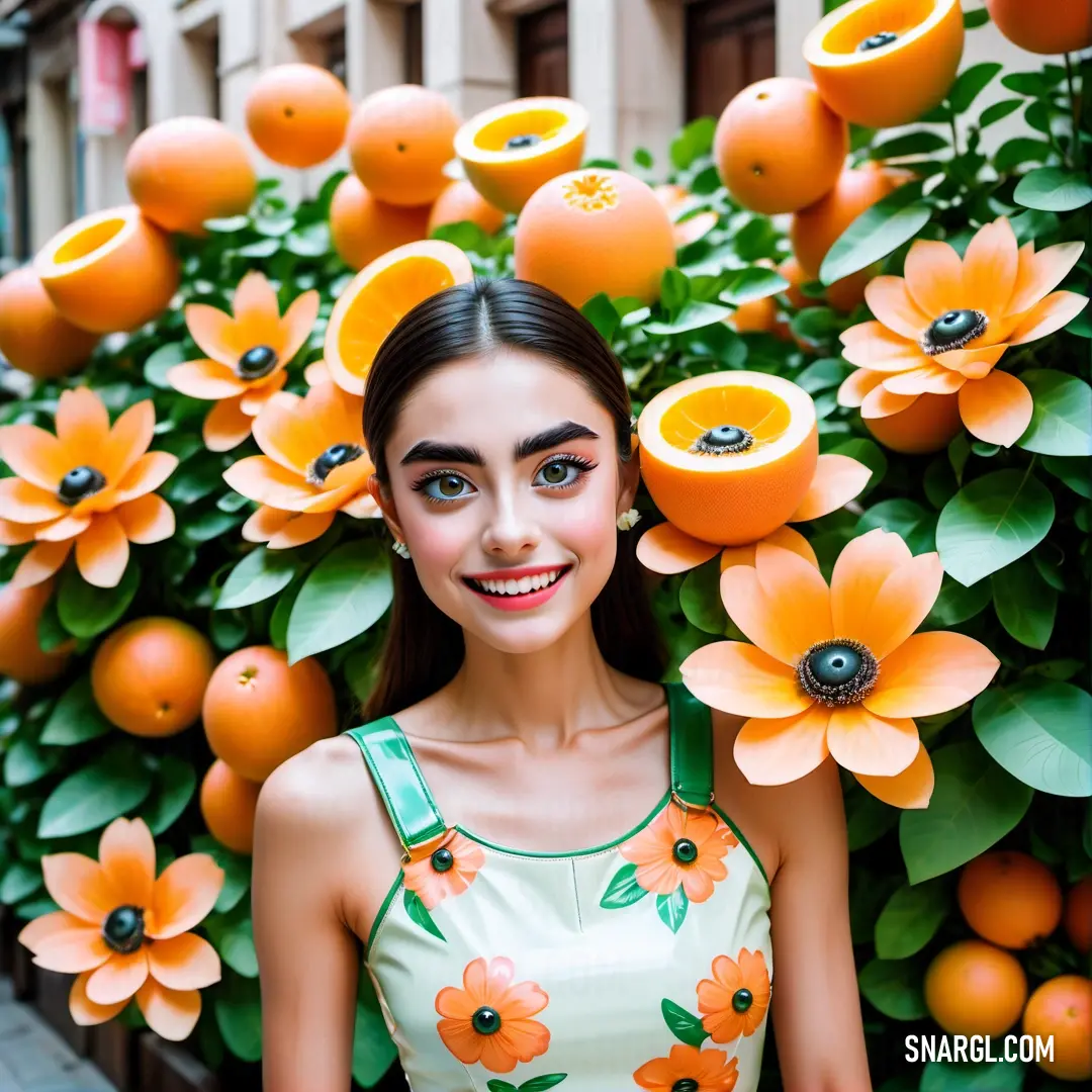 Woman standing in front of a bunch of oranges with flowers on them and a tree of oranges behind her. Color #FDA951.