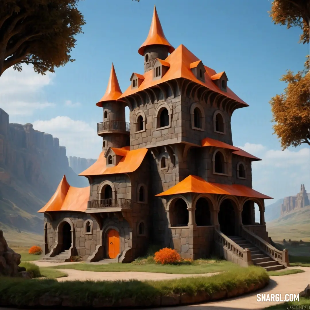 Castle like structure with orange roof and turrets on a hill side with trees and mountains in the background. Color RGB 252,158,80.