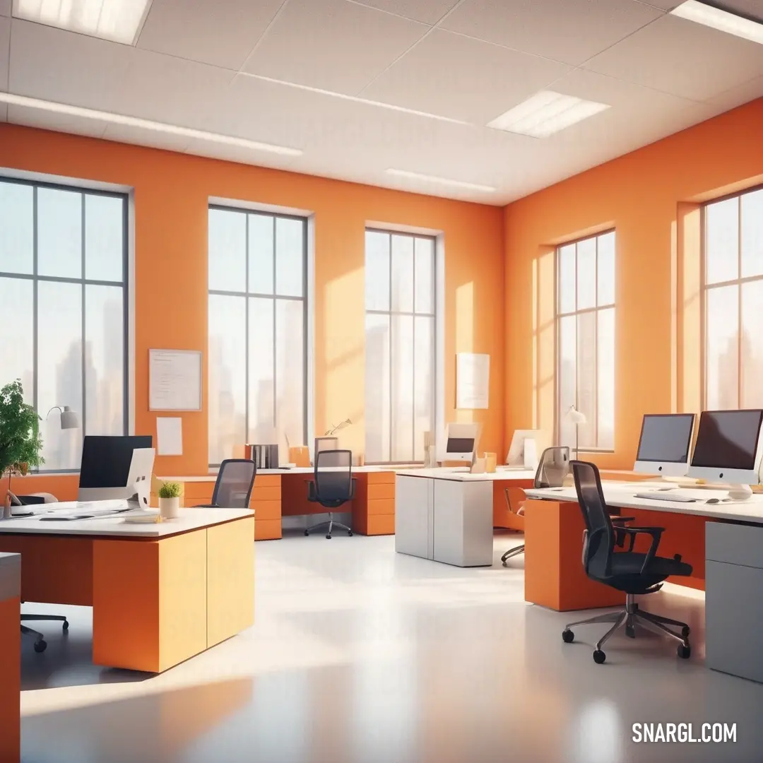 NCS S 1050-Y40R color. Office with orange walls and desks and a plant in the middle of the room with a lot of windows