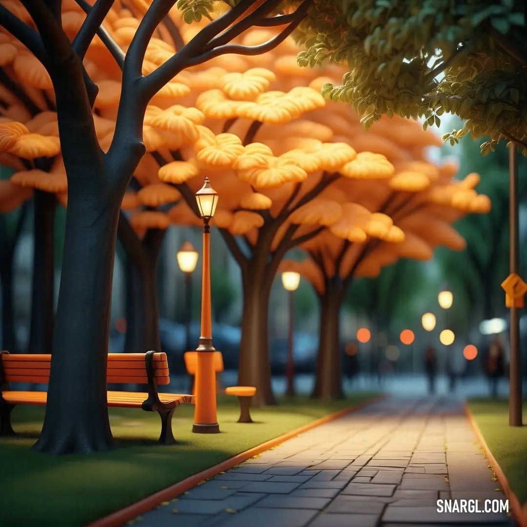 Park with benches and trees with lights on them and a walkway between them with a sidewalk and trees. Example of #FC9E50 color.