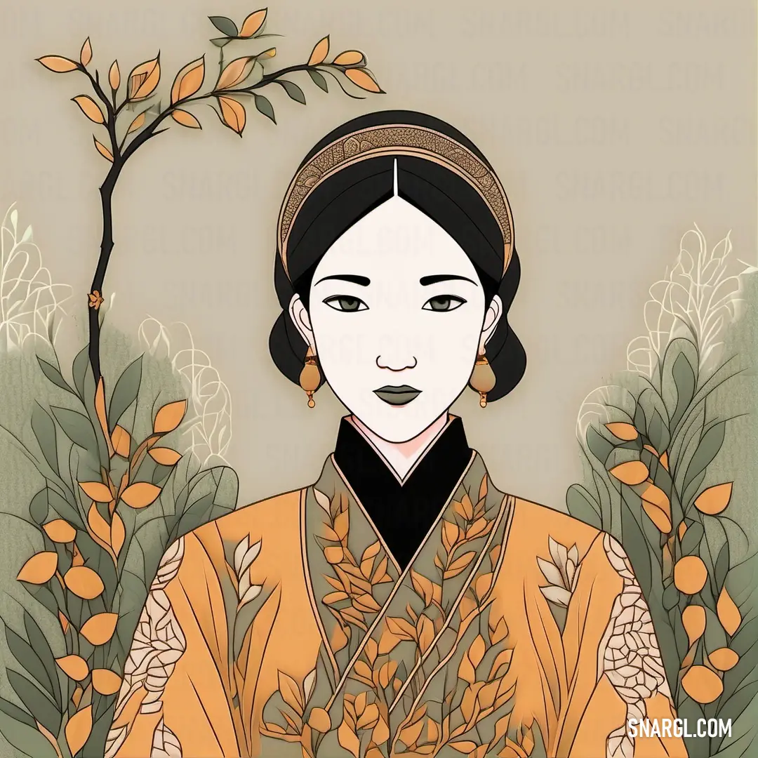 Woman in a kimono standing in front of a tree with orange flowers and leaves on it's branches. Color RGB 252,158,80.