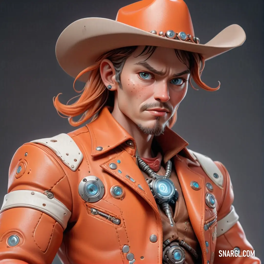 Statue of a man wearing a cowboy hat and orange leather jacket with a white collar and a blue eye. Color NCS S 1050-Y50R.