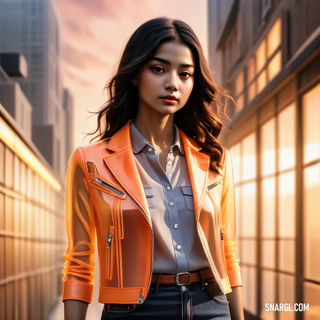 Woman in an orange jacket is standing in a city street with a building in the background. Color RGB 248,136,71.