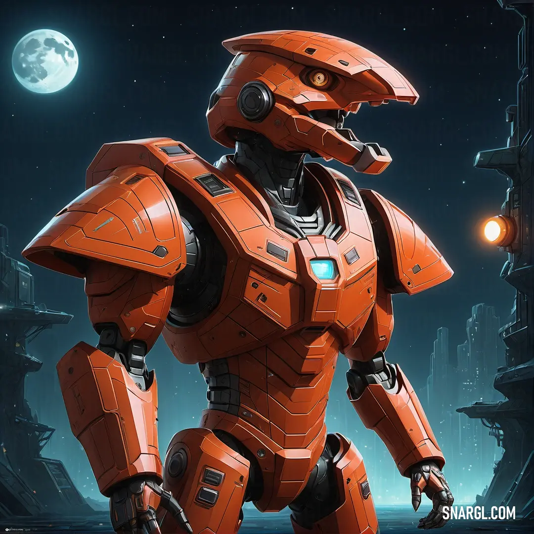 Robot standing in front of a full moon in a sci - fi setting with a full moon in the background. Color #F98050.