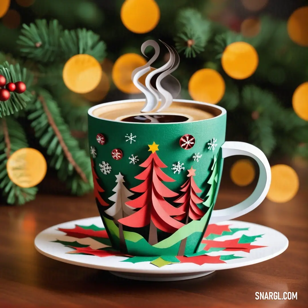 NCS S 1050-Y80R color. Cup of coffee with a christmas tree design on it and a christmas tree decoration on the side of the cup