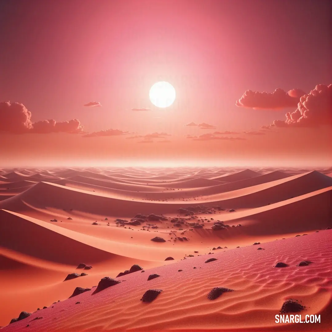 Desert landscape with a bright sun in the background. Color RGB 251,128,107.