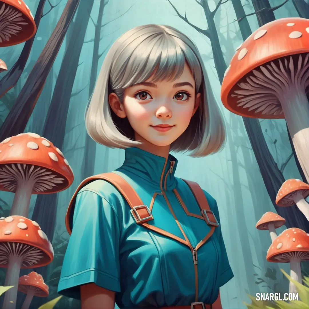 Girl standing in a forest with mushrooms on the ground and a forest background. Example of NCS S 1050-Y80R color.
