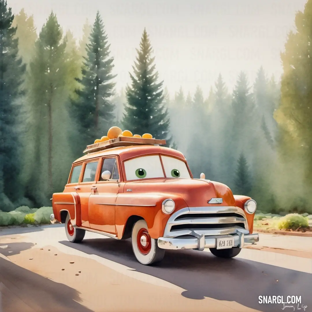 Painting of a car with a big eyes driving down a road with trees in the background. Example of CMYK 0,62,52,0 color.