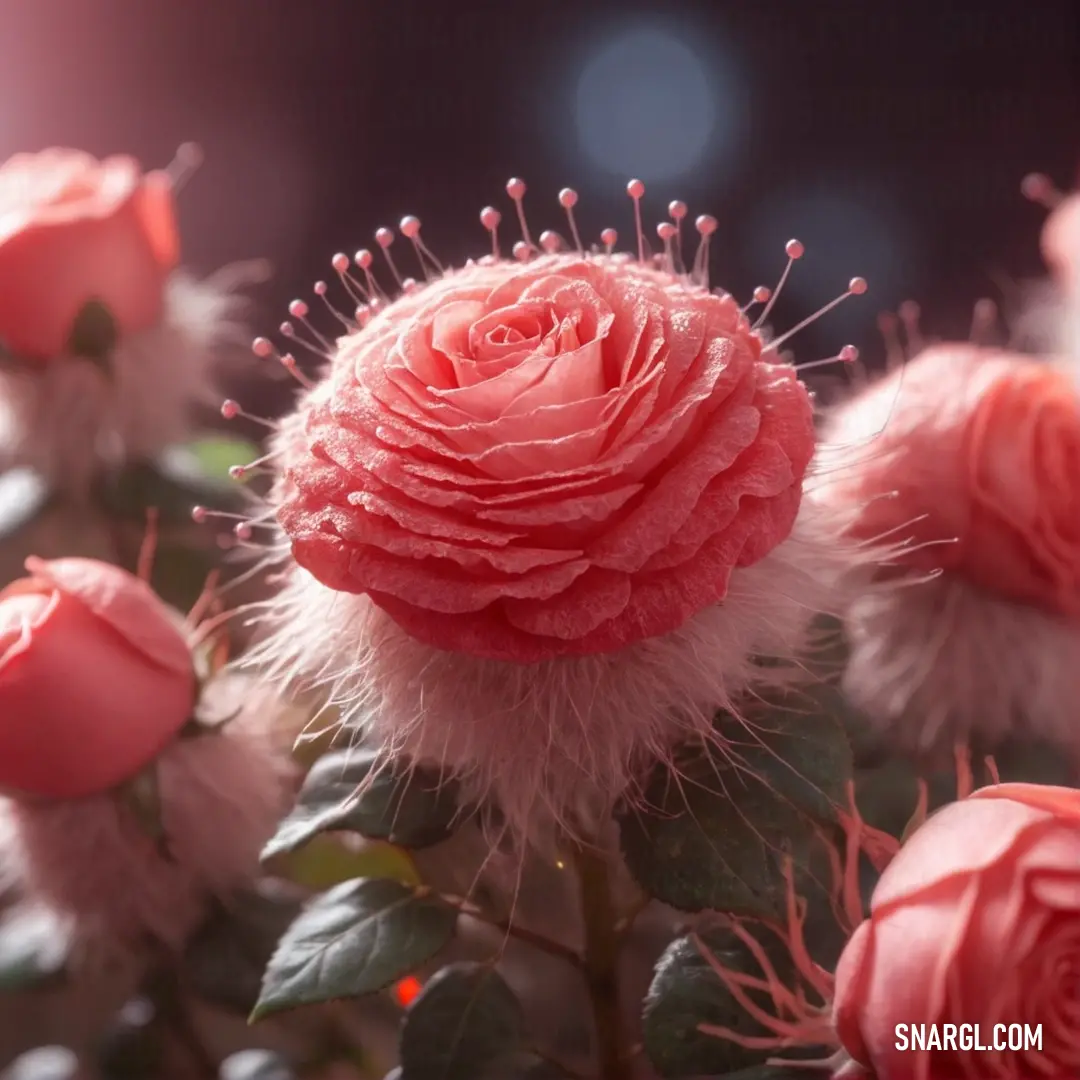 Close up of a pink flower with many buds on it and a blurry background. Color #FC7F73.
