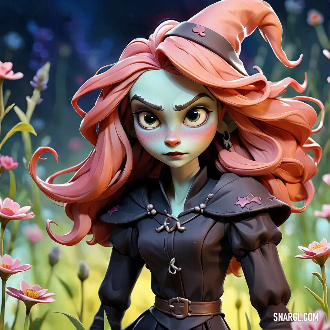 Cartoon character with red hair and a witch hat on a field of flowers with pink flowers in the background. Color RGB 252,127,115.