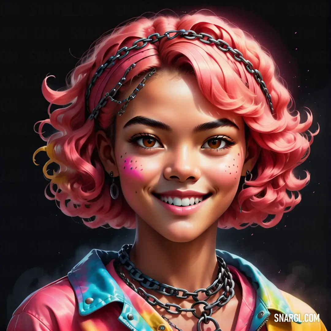 Painting of a girl with pink hair and a chain around her neck and a smile on her face. Example of NCS S 1050-Y90R color.