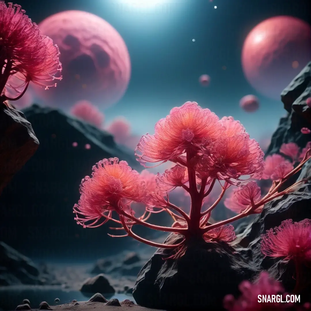 Plant with pink flowers in a rocky area with planets in the background. Color NCS S 1050-Y90R.