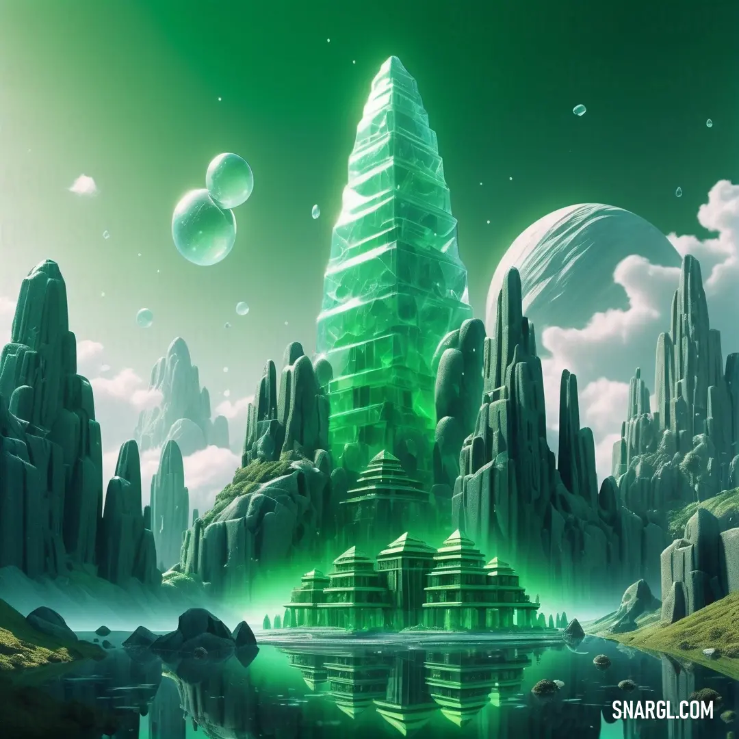 Futuristic landscape with a green tower and a lake in the foreground. Example of #46C37C color.