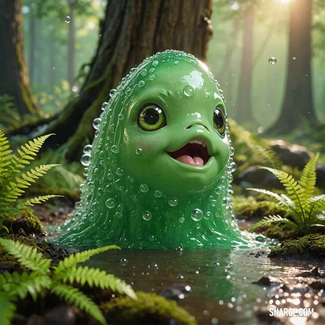 NCS S 1060-G color example: Green toy with a face and eyes in a forest with water droplets on it's body and a fern