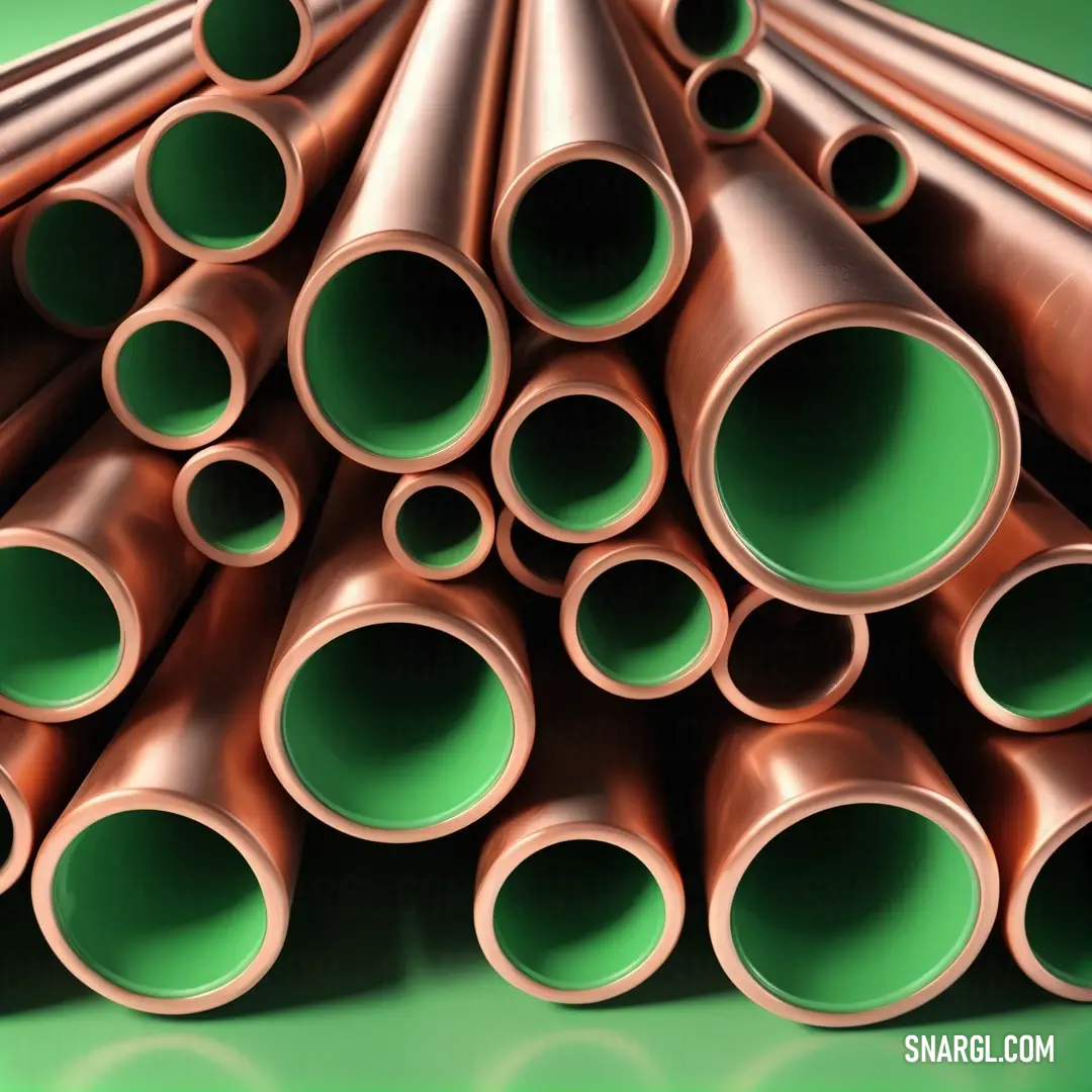 NCS S 1060-G color. Pile of copper pipes stacked on top of each other on a green surface