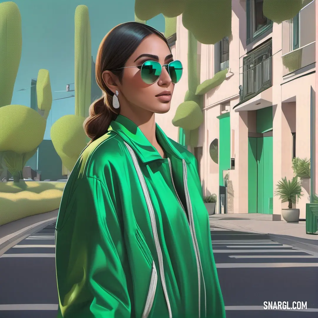 NCS S 1060-G color example: Woman in a green jacket and sunglasses standing on a street corner with a cactus in the background