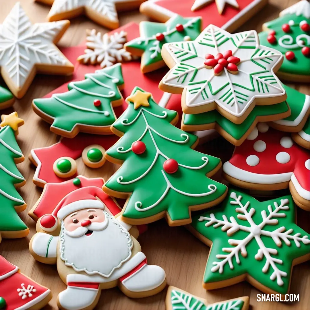 Table topped with lots of decorated christmas cookies and cookies with santa clause on them and snowflakes. Example of CMYK 75,0,70,0 color.