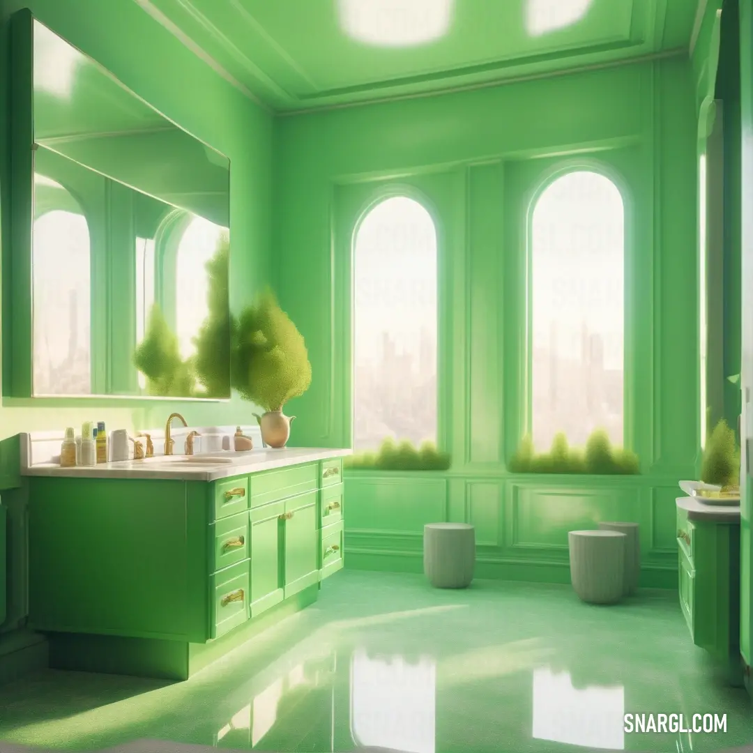 NCS S 1060-G10Y color example: Green bathroom with a sink and a window with a view of the city outside of the window and a potted plant