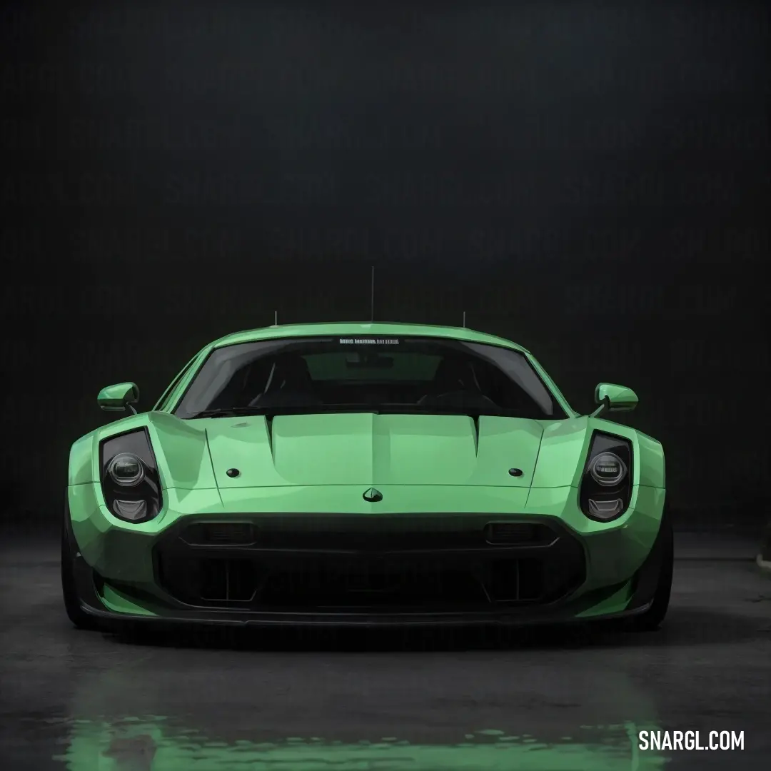 Green sports car parked in a dark room with a black background. Color CMYK 65,0,65,0.