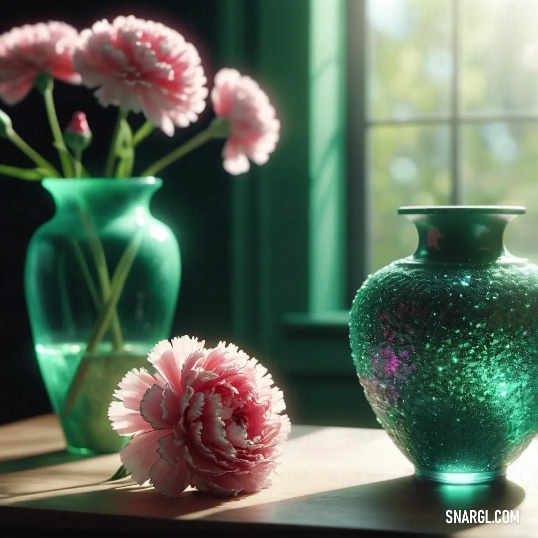 NCS S 1060-G10Y color example: Green vase with pink flowers in it on a table next to a window with green curtains