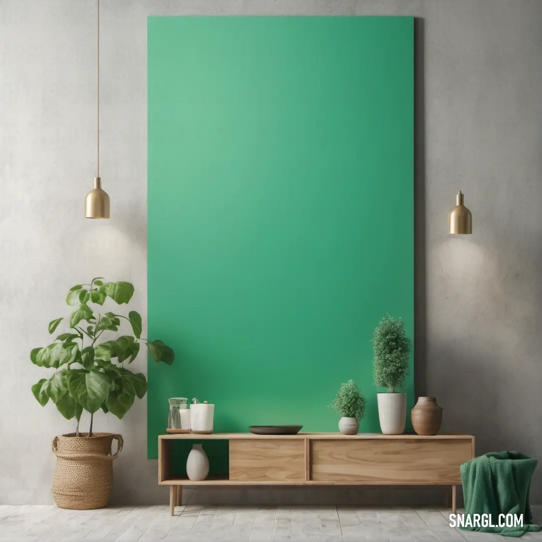 NCS S 1060-G10Y color example: Green wall with a wooden shelf and potted plants on it and a green wall behind it