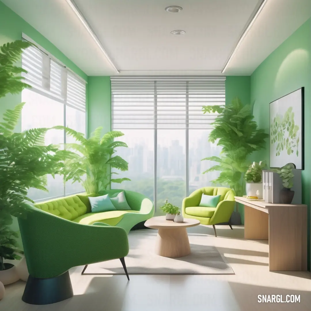 NCS S 1060-G10Y color example: Room with green walls and a green couch and chair and a table with a plant on it and a window