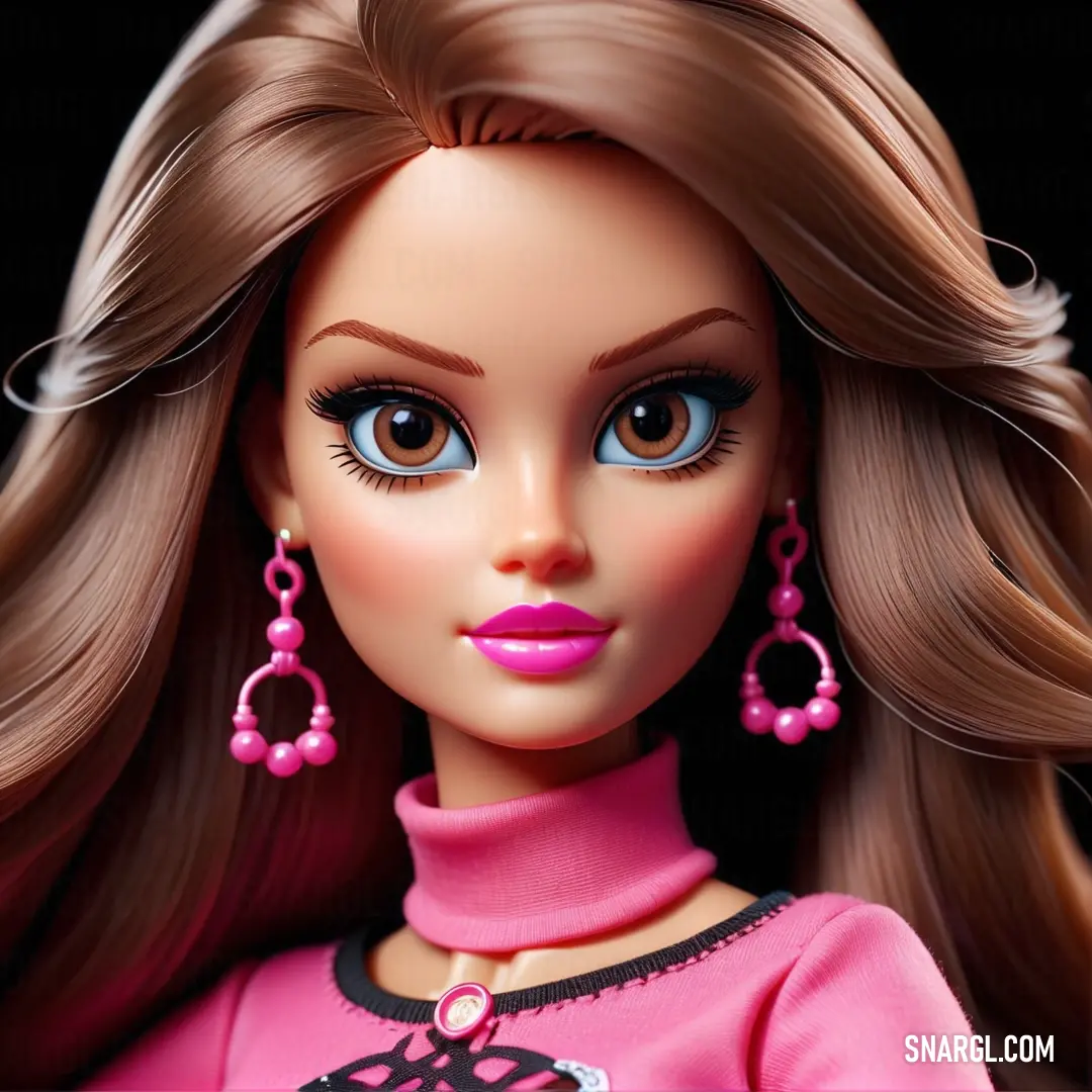 Barbie doll with long hair and blue eyes wearing pink sweater and earrings with a black and white design on the collar