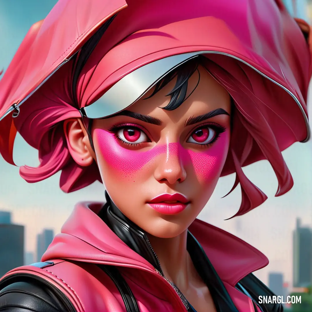NCS S 1060-R10B color. Woman with pink makeup and a pink hat on her head and a city in the background