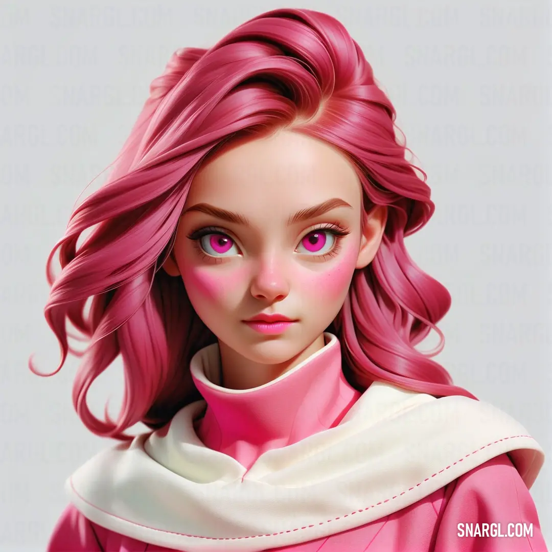 Digital painting of a woman with pink hair and a pink dress with a white collar and white collar. Example of RGB 239,83,142 color.