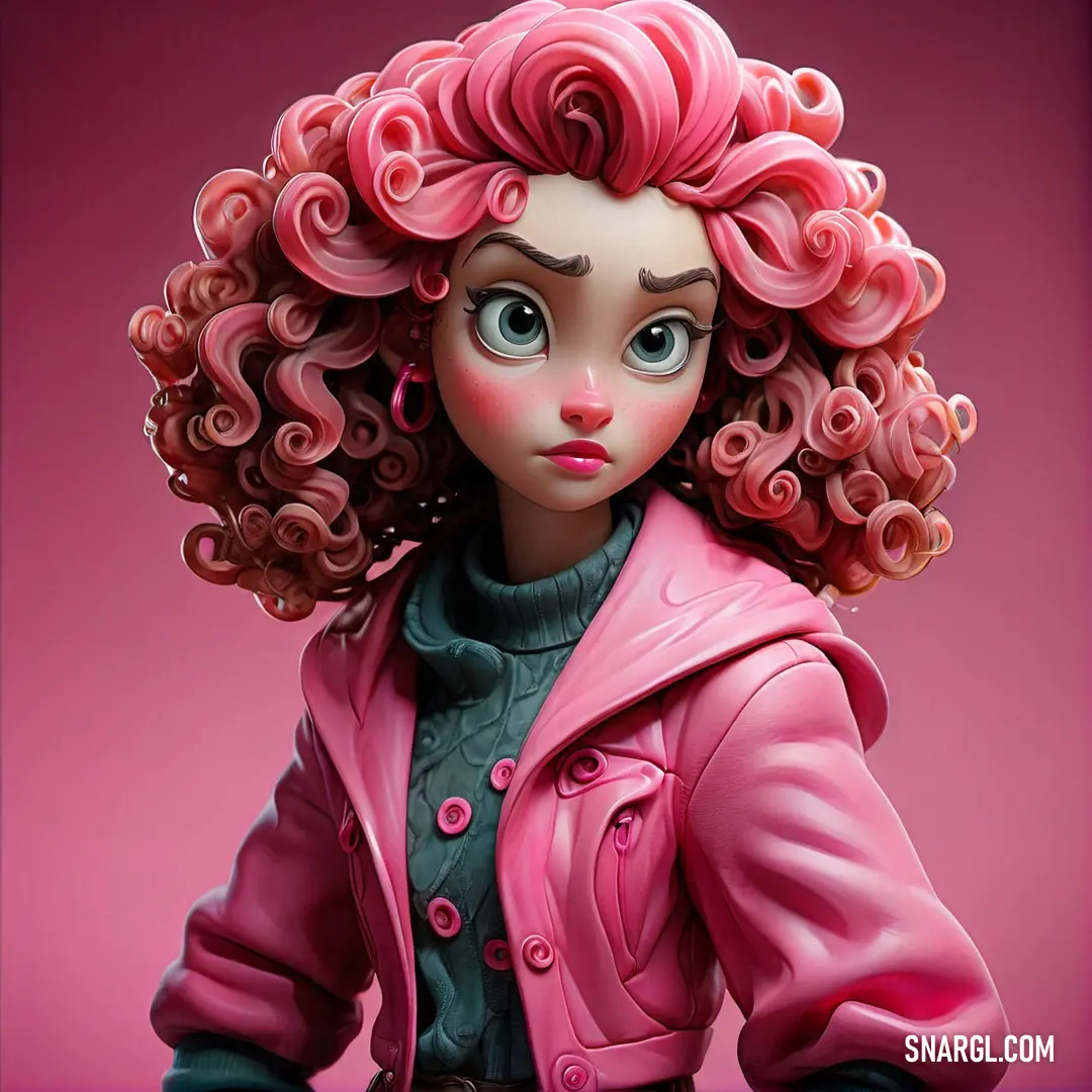 NCS S 1060-R20B color. Doll with pink hair and a pink jacket on a pink background