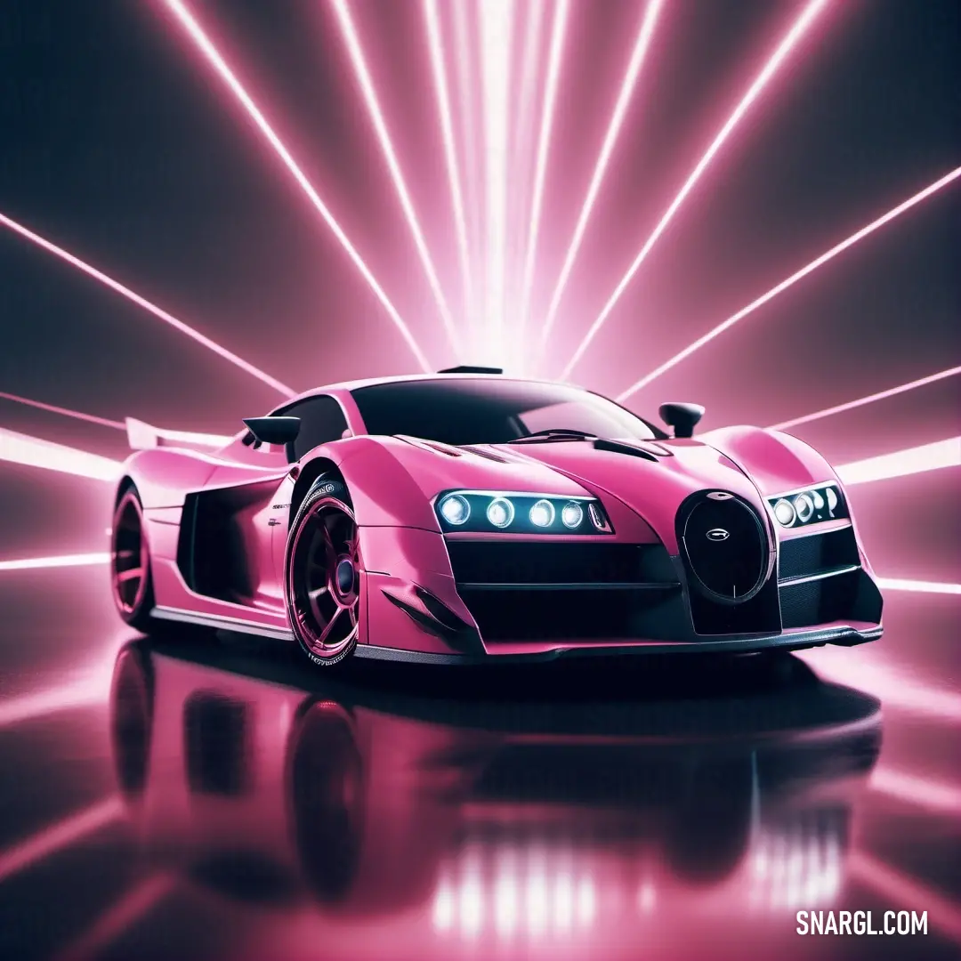 Pink car is shown in a futuristic photo with bright lights behind it and a black background. Example of NCS S 1060-R20B color.